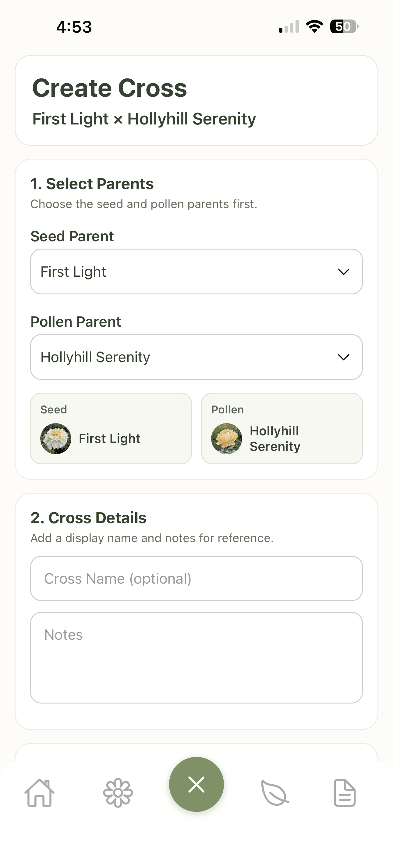 Create cross screen with parent selection and notes fields