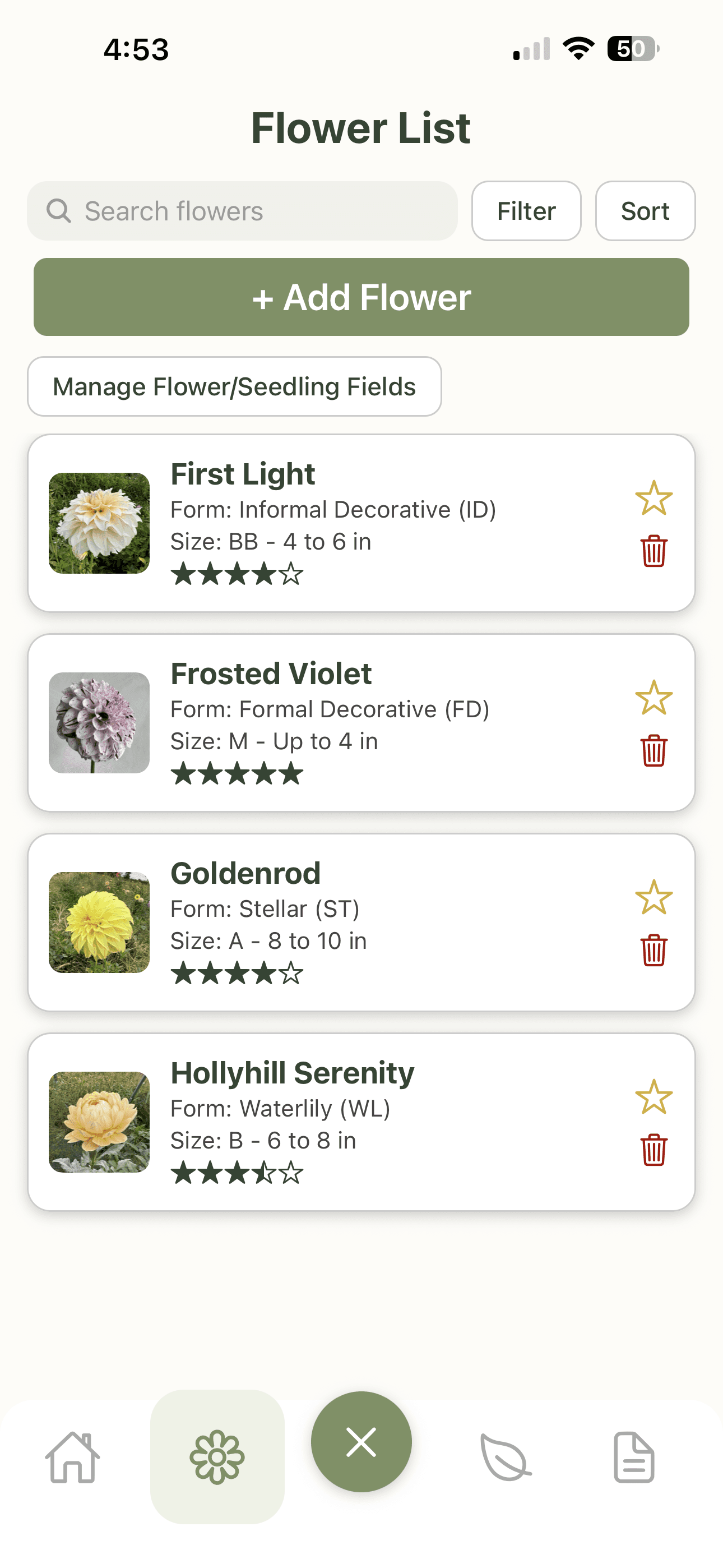 Flower list screen showing catalog cards and filters