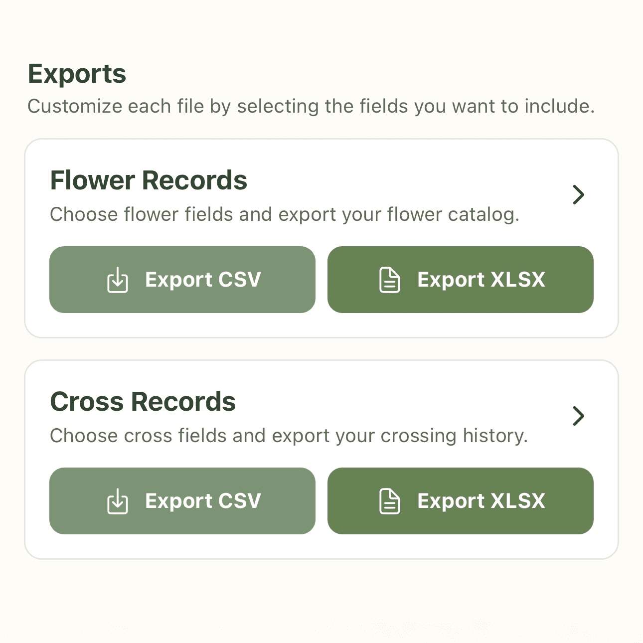 Export screen with CSV and XLSX record output options